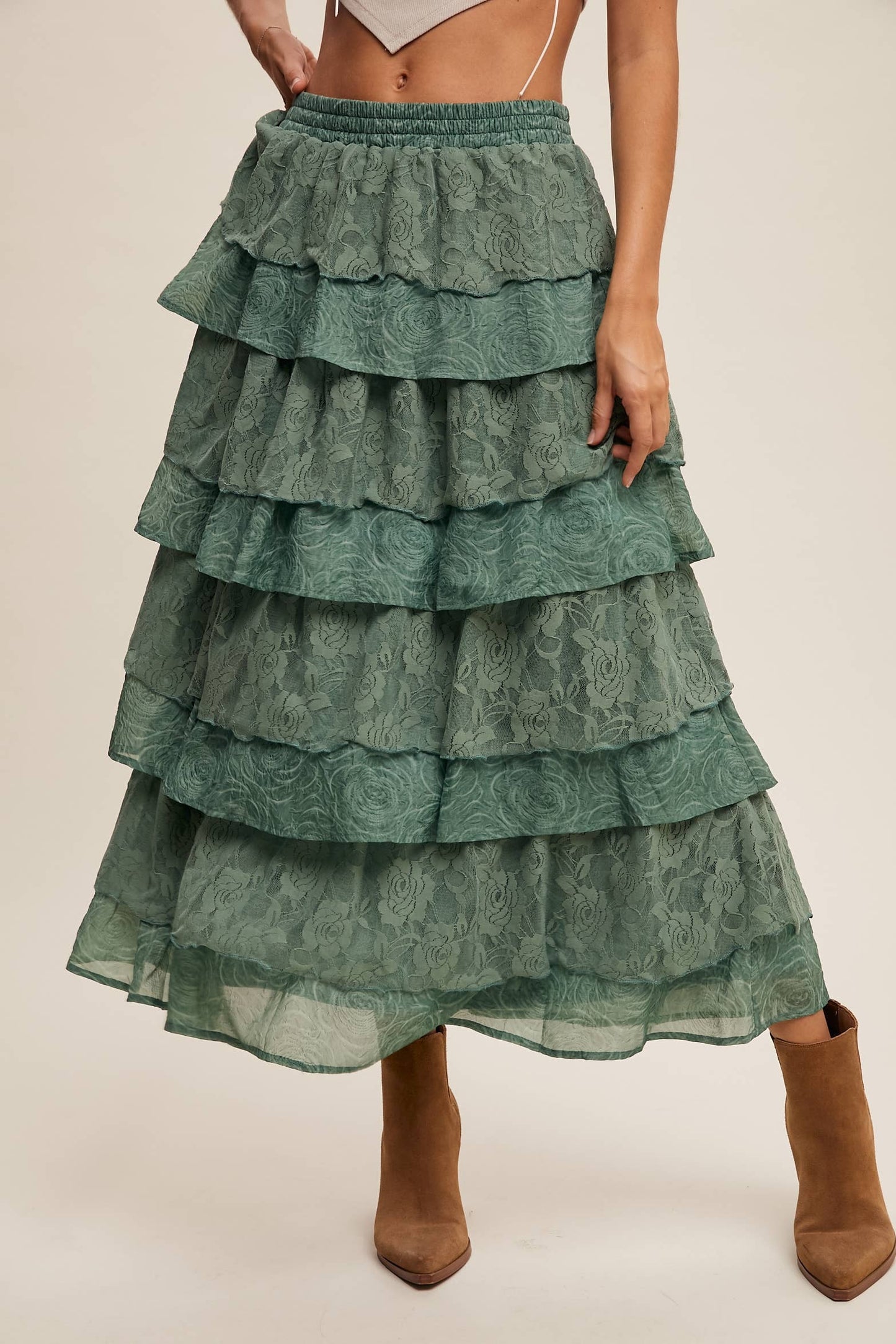 Listicle Lt Mocha Lace Tiered Maxi Skirt: