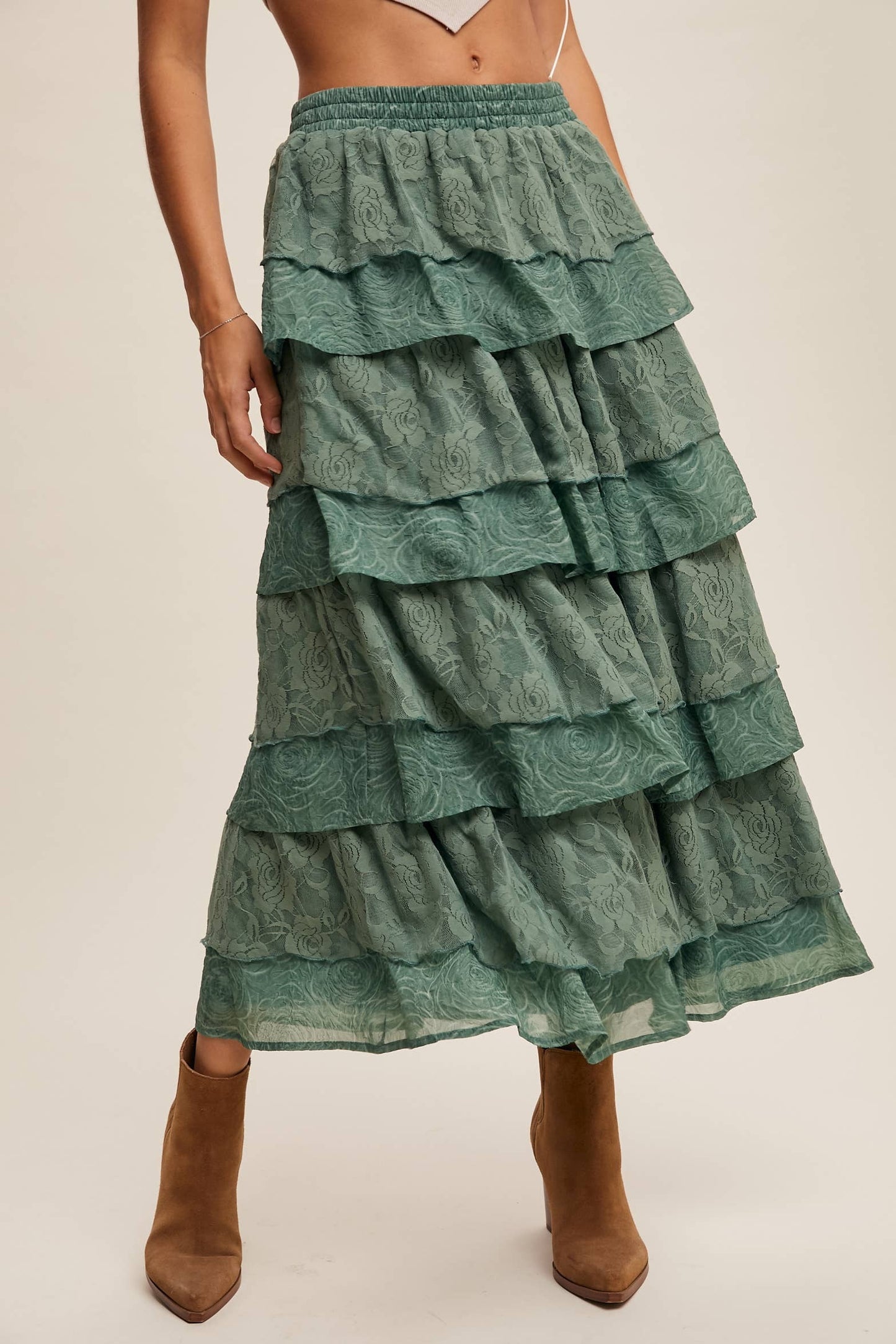 Listicle Lt Mocha Lace Tiered Maxi Skirt: