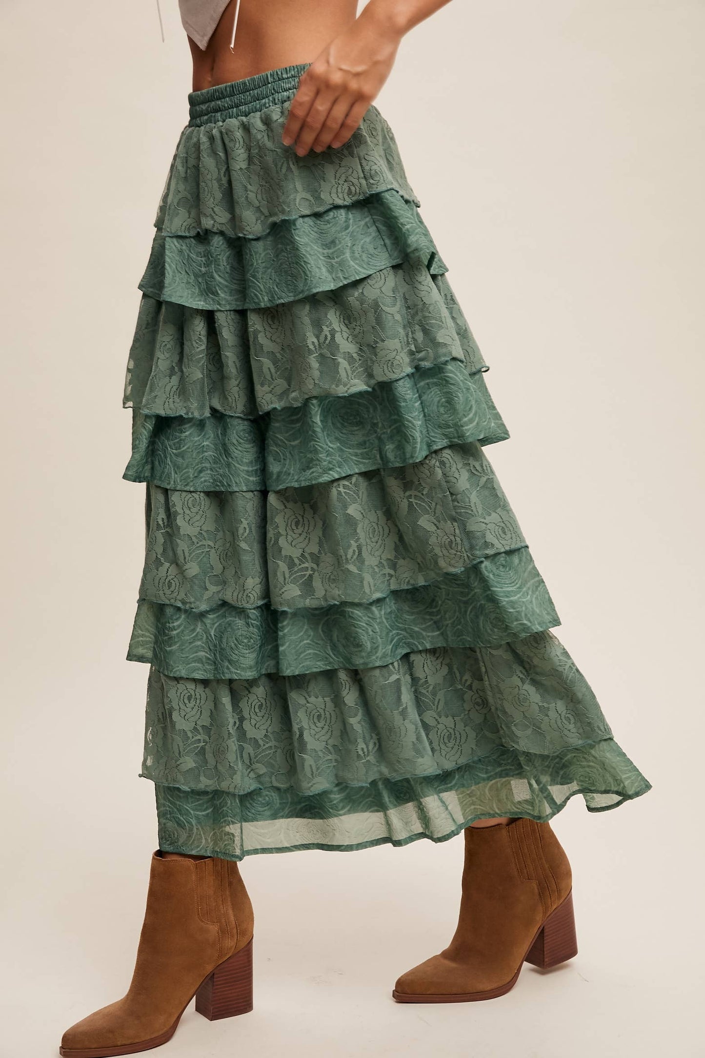 Listicle Lt Mocha Lace Tiered Maxi Skirt: