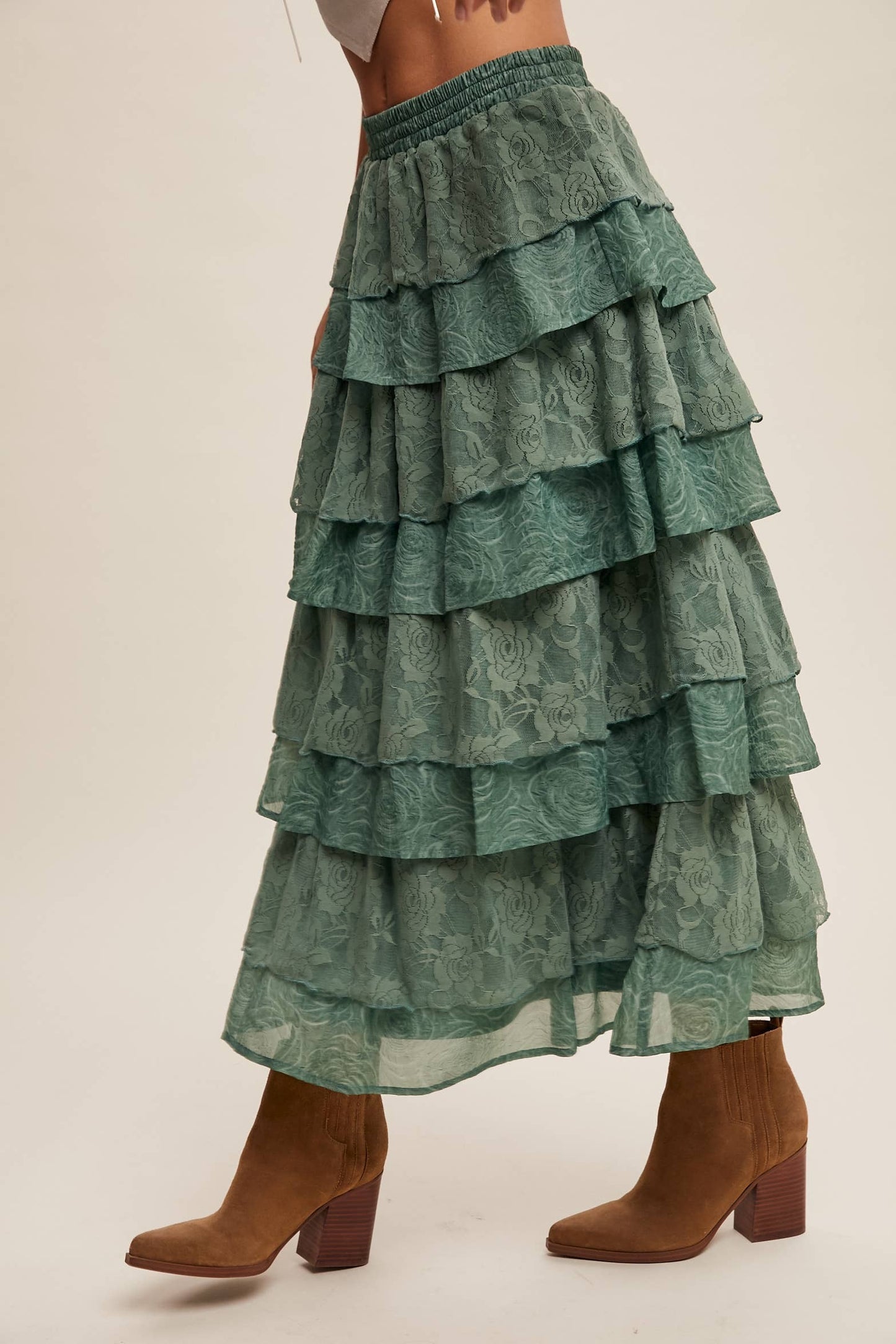Listicle Lt Mocha Lace Tiered Maxi Skirt: