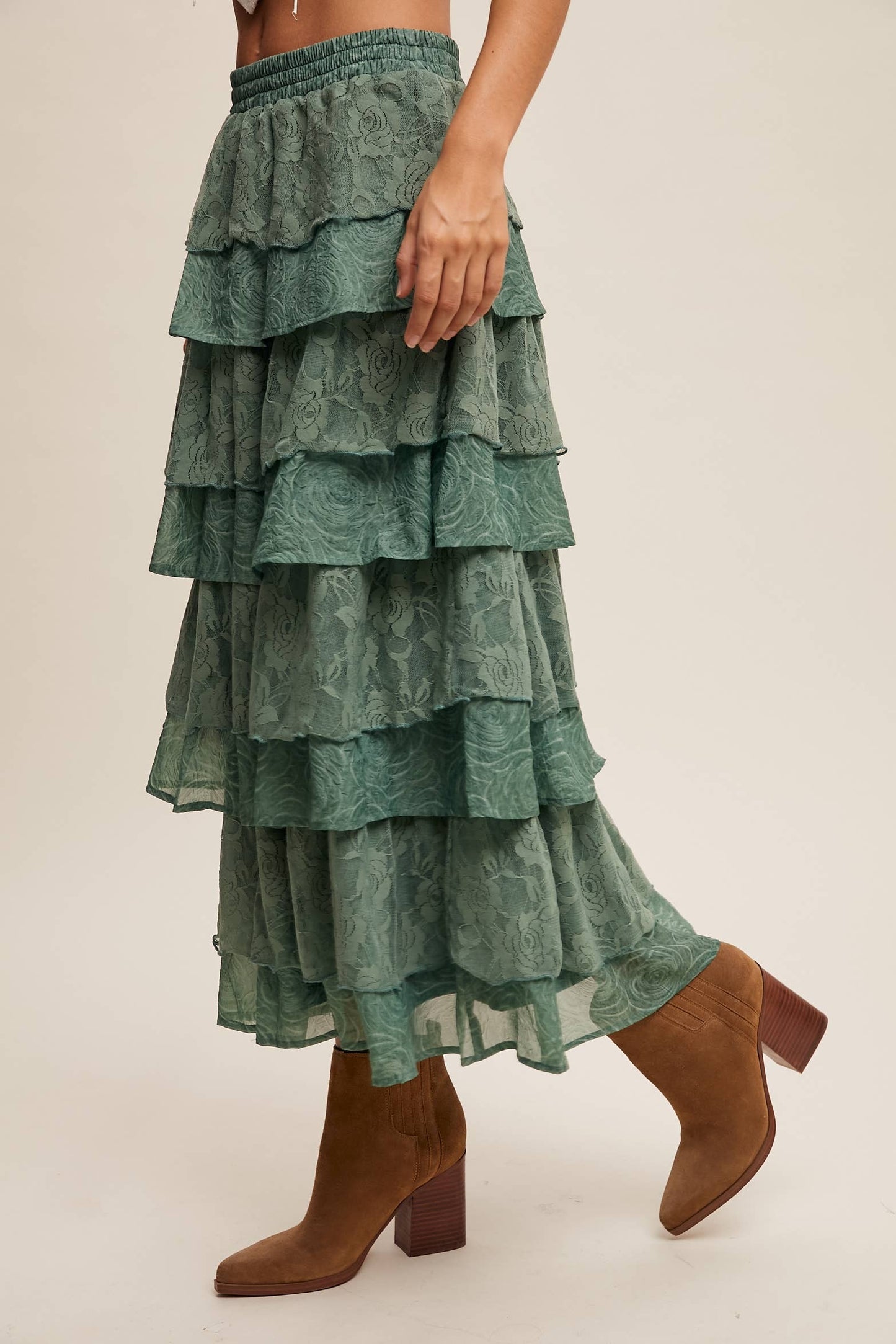 Listicle Lt Mocha Lace Tiered Maxi Skirt: