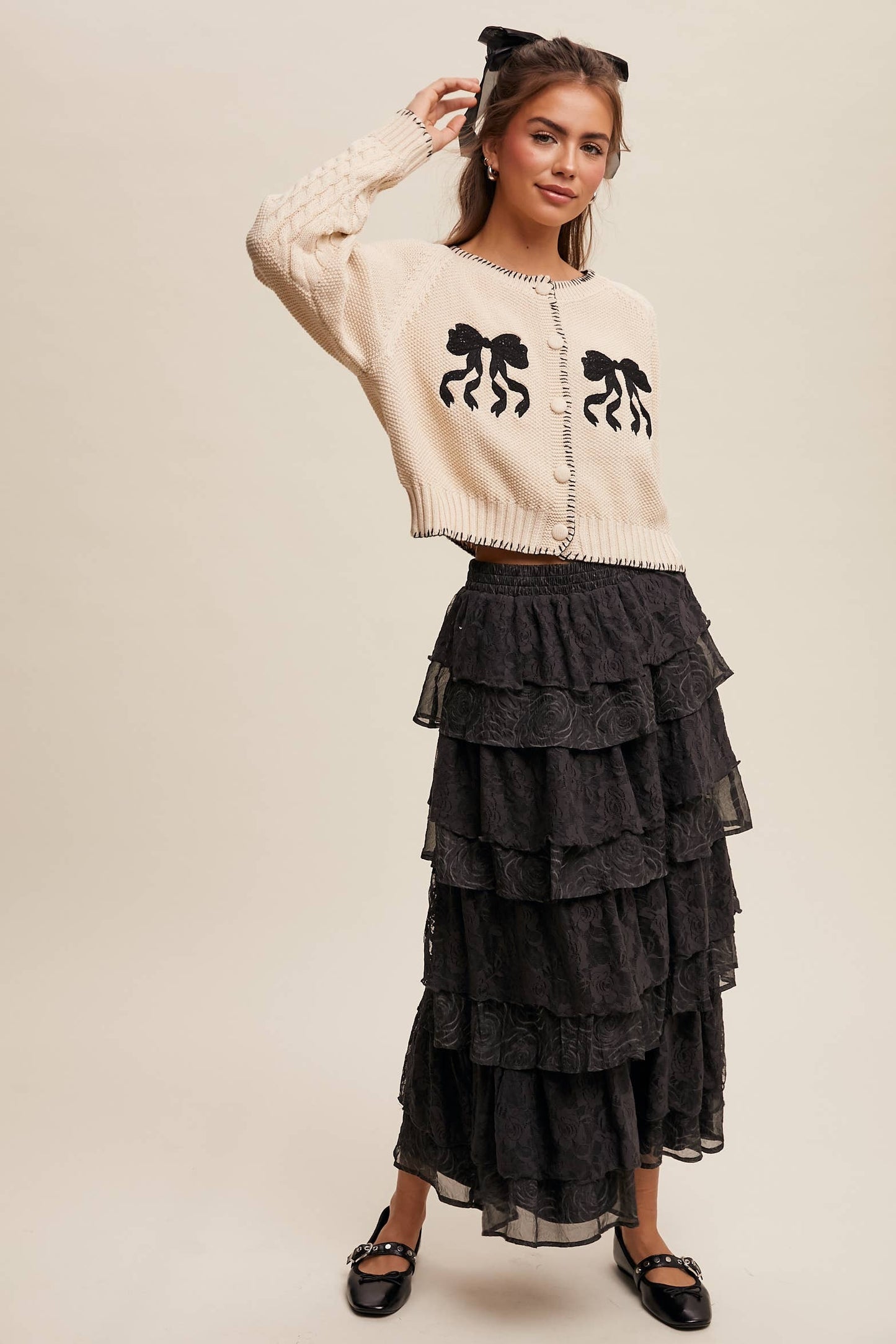 Listicle Lt Mocha Lace Tiered Maxi Skirt:
