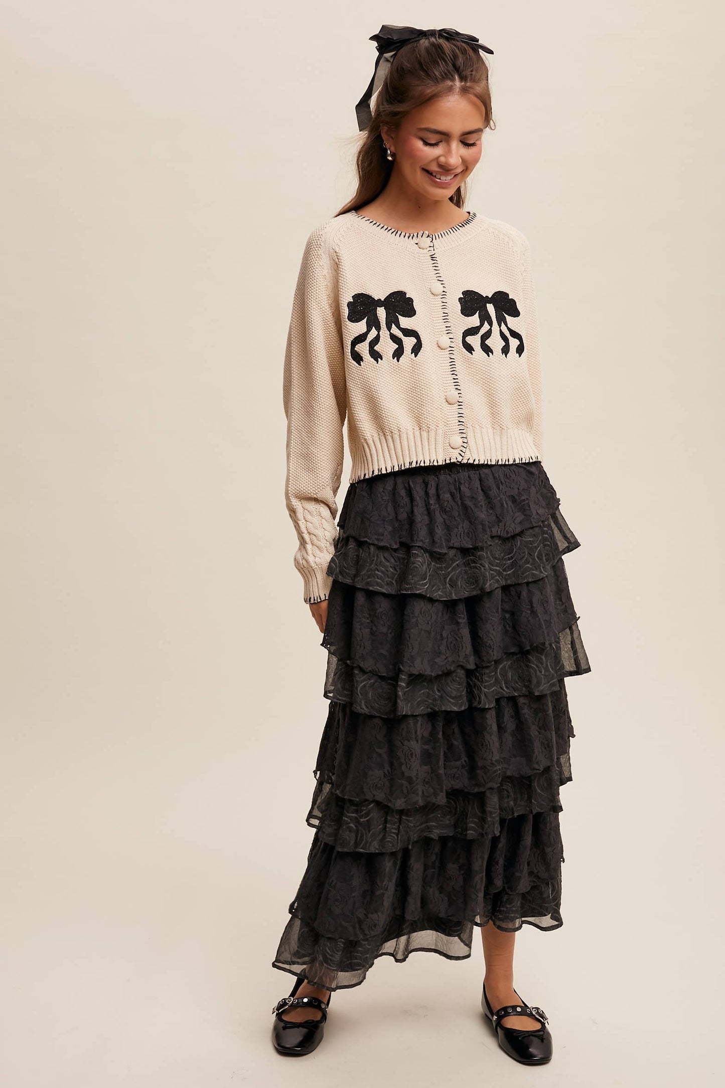 Listicle Lt Mocha Lace Tiered Maxi Skirt: