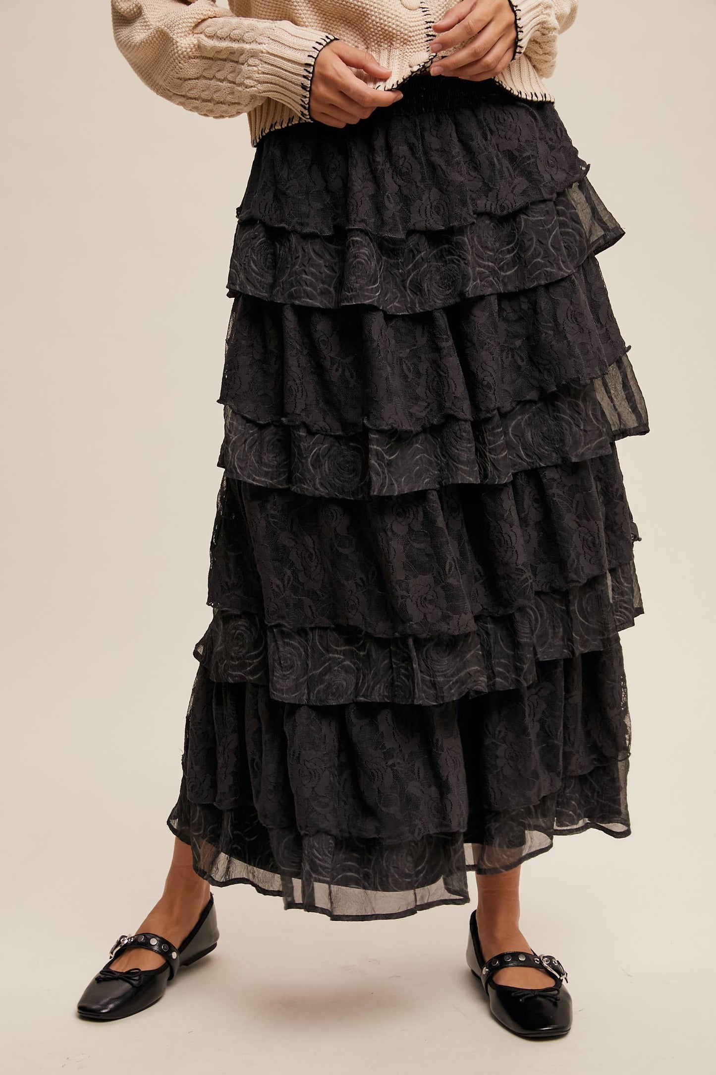 Listicle Lt Mocha Lace Tiered Maxi Skirt: