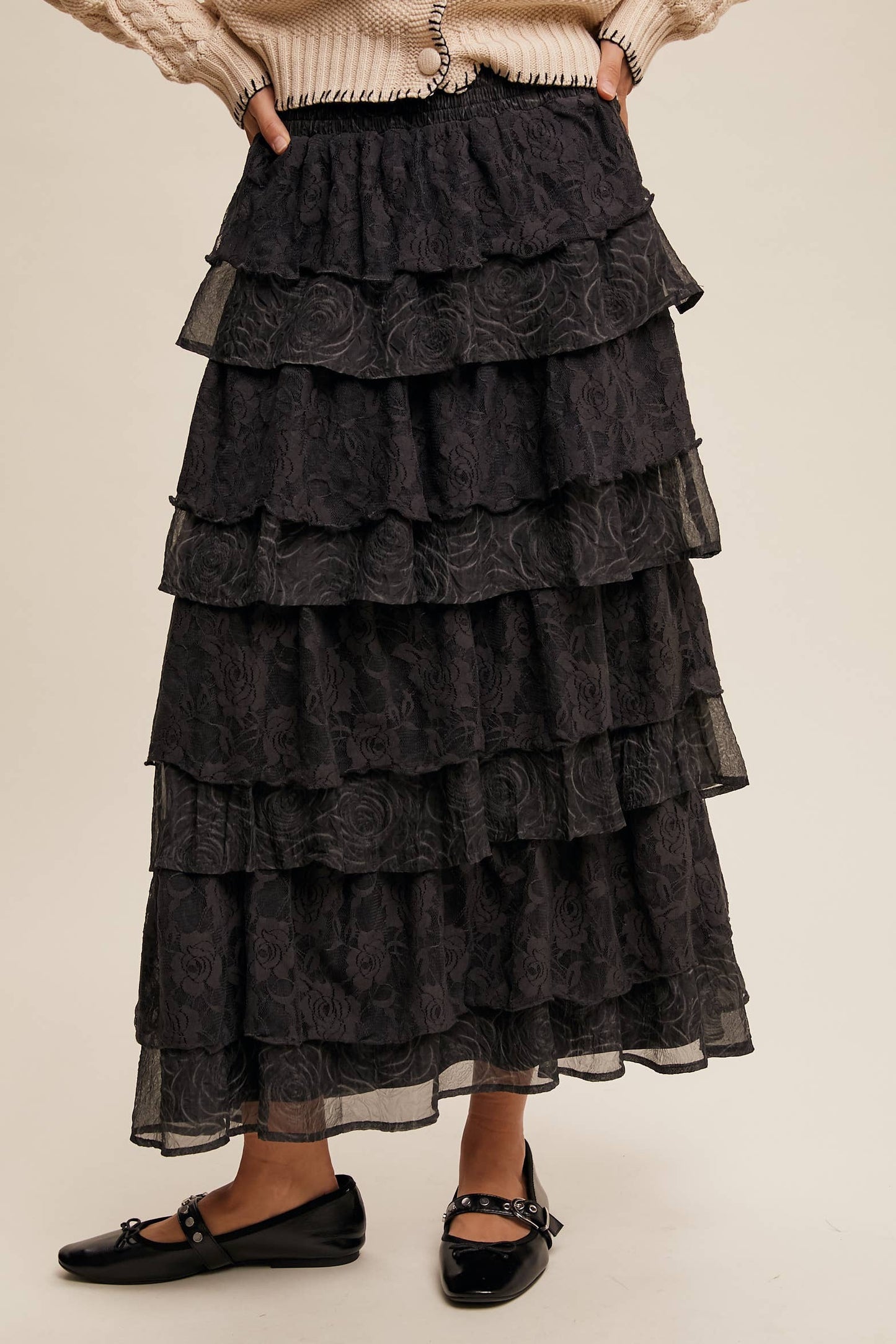 Listicle Lt Mocha Lace Tiered Maxi Skirt: