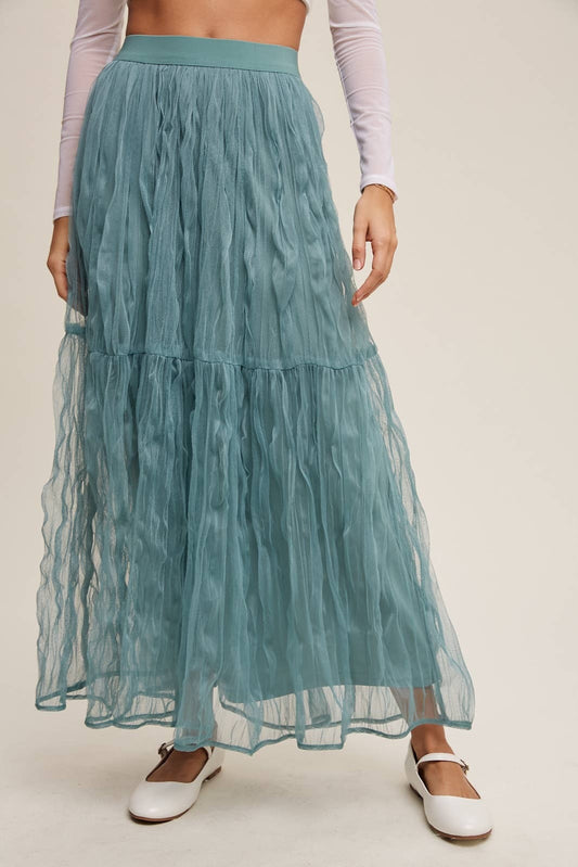 Listicle Jade Crinkled Mesh Maxi Skirt