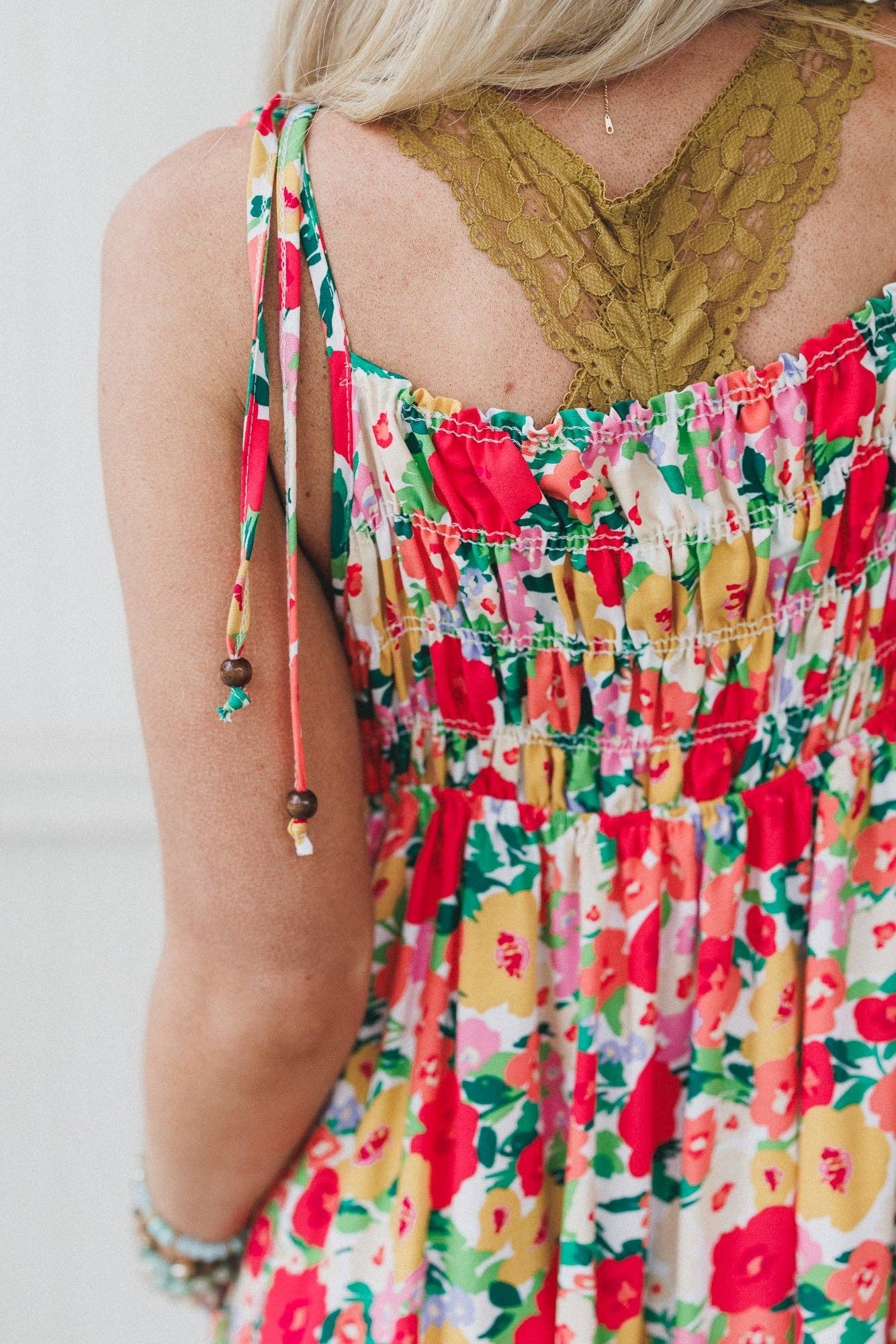 Three Bird Nest Red Floral Maxi Dress w Tie Shoulders