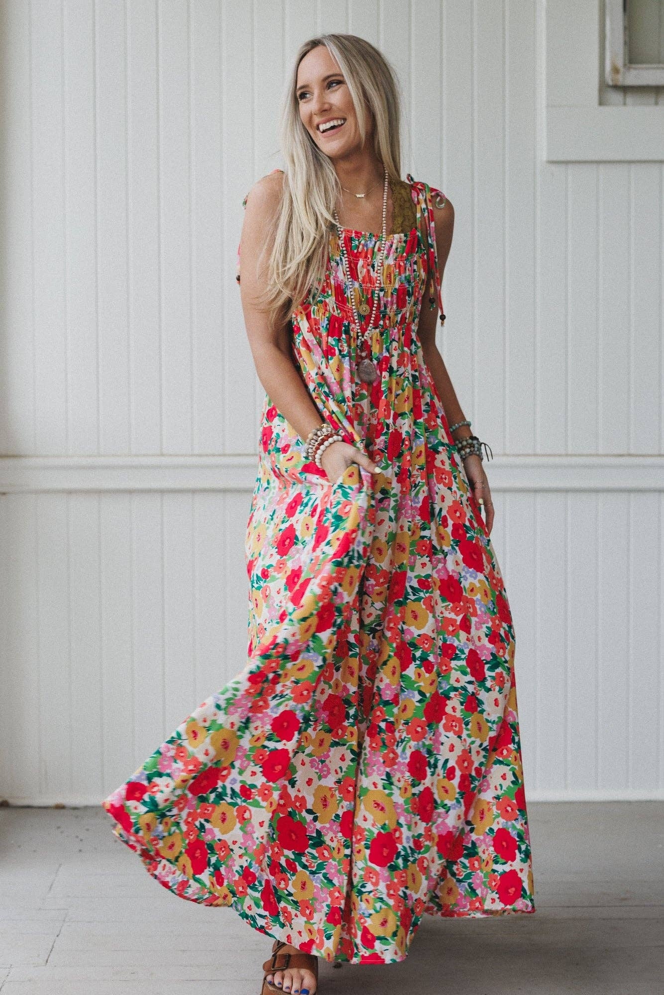 Three Bird Nest Red Floral Maxi Dress w Tie Shoulders