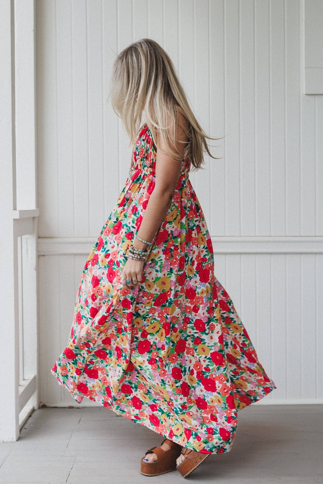Three Bird Nest Red Floral Maxi Dress w Tie Shoulders