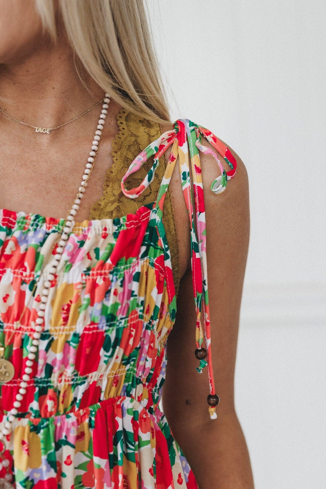 Three Bird Nest Red Floral Maxi Dress w Tie Shoulders