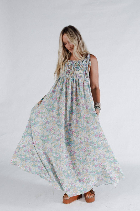 Three Bird Nest Blue Green Floral Bohemian Grace Maxi Dress w Tie Shoulders