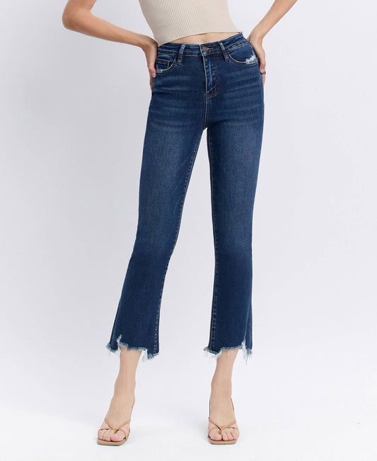 VERVET DARK WASH BELLA HR DISTRESSED HEM KICK FLARE JEANS (CHEMICAL MOOD)