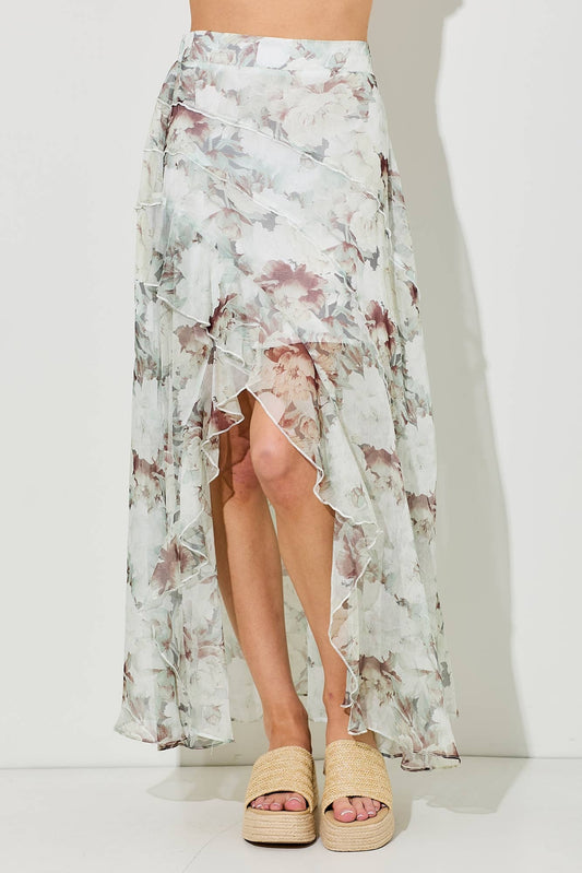 Baevely Olive/Brown Chiffon Maxi Skirt w Front Slit