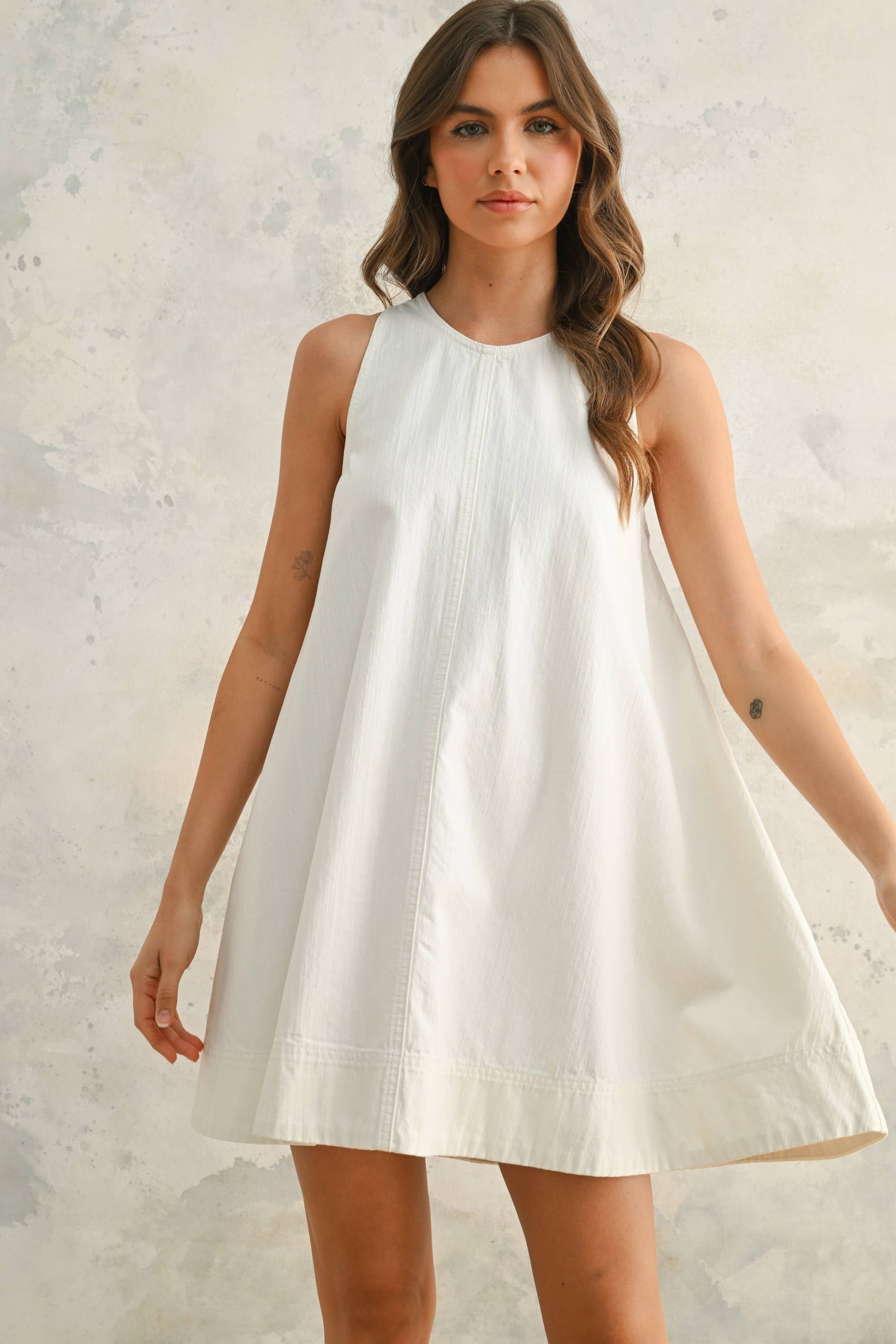 MIOU MUSE WHITE DENIM SLEEVELESS A LINE DRESS