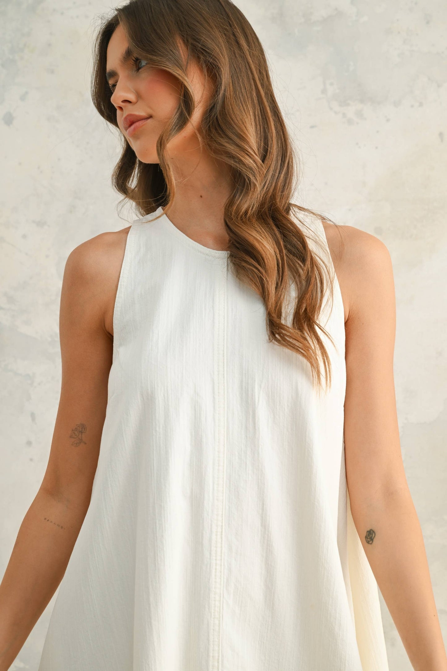 Miou Muse White Denim Sleeveless A Line Dress