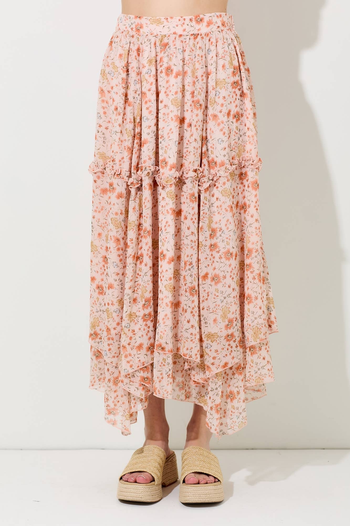 Baevely Coral Floral Printed Midi Skirt