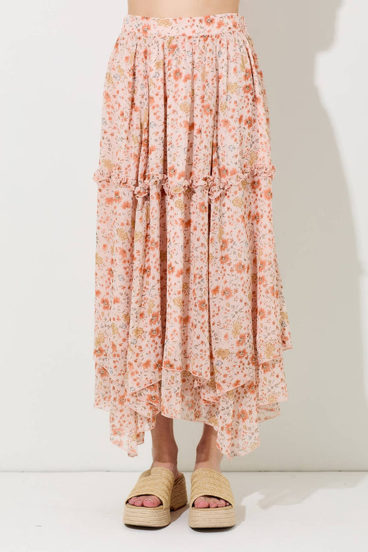 Baevely Coral Floral Printed Midi Skirt