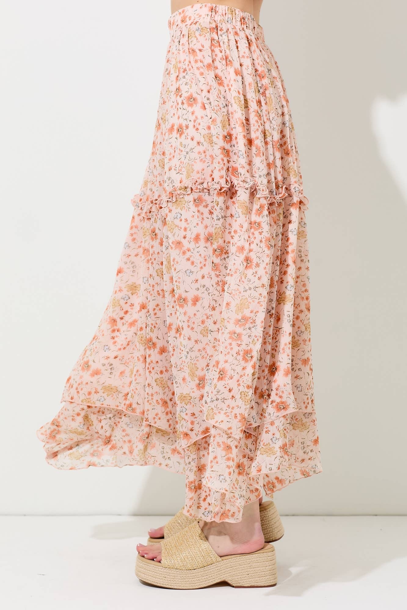 Baevely Coral Floral Printed Midi Skirt
