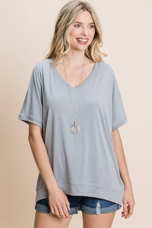 Emerald Grey V Neck Casual SS Top