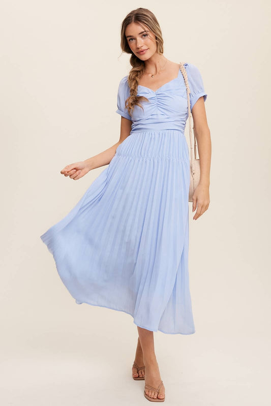 Listicle Lt Blue SS Chiffon Ruched Pleated Maxi Dress