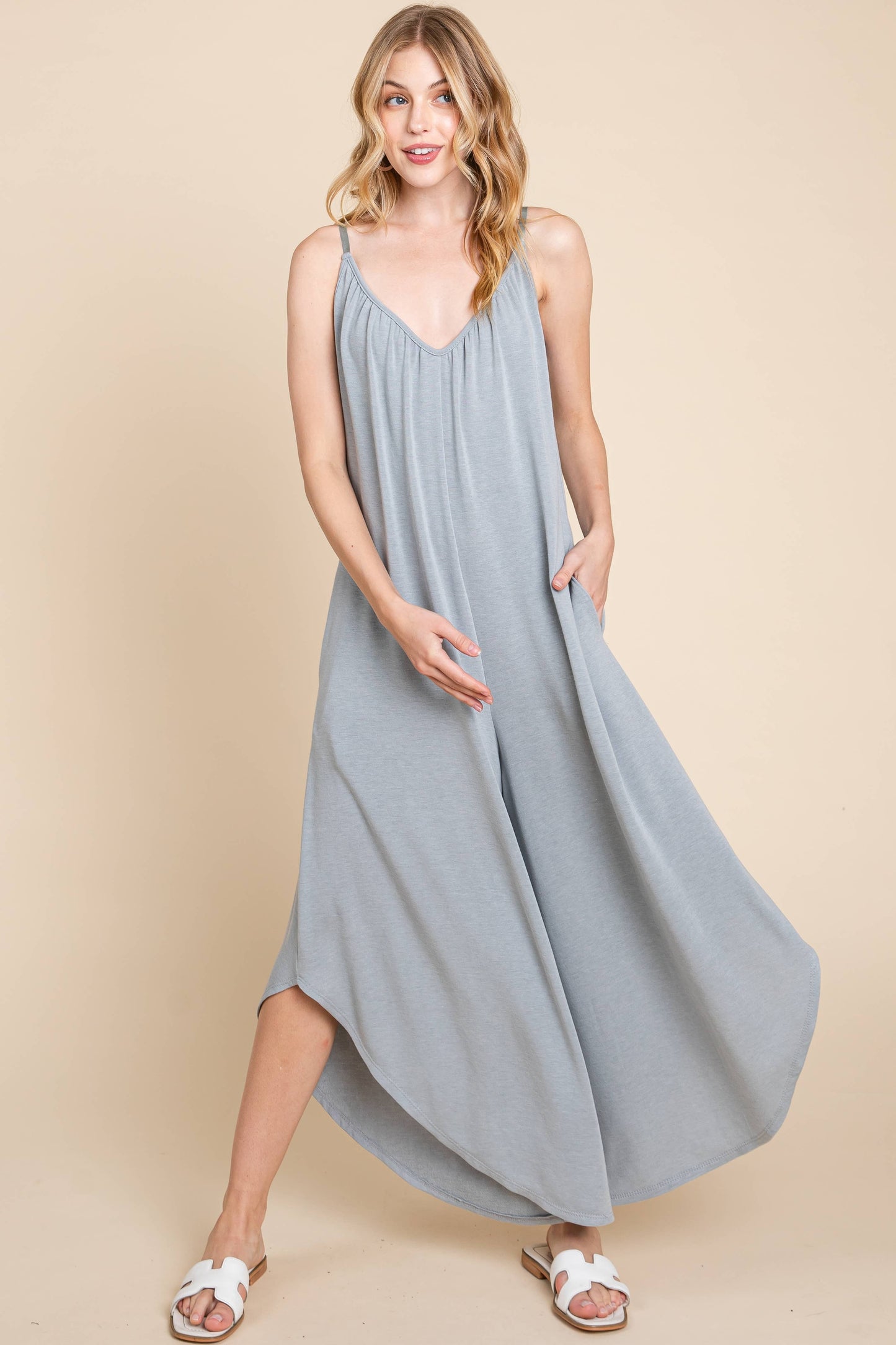 Emerald Teal French Terry Wide Leg Jumpsuit