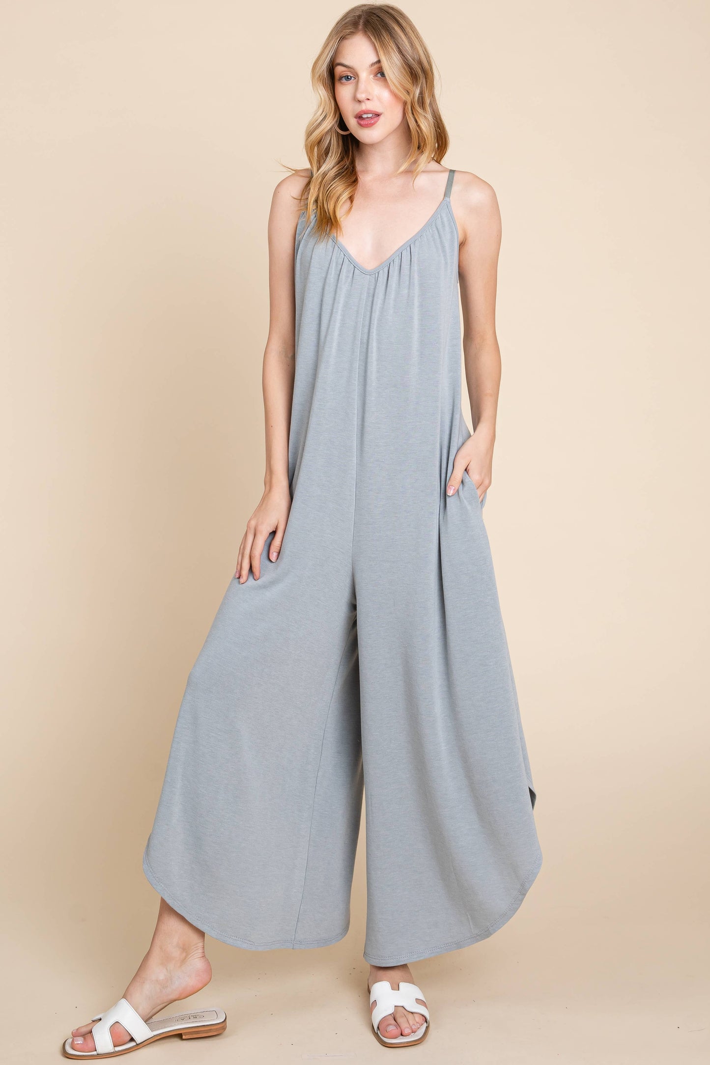 Emerald Teal French Terry Wide Leg Jumpsuit