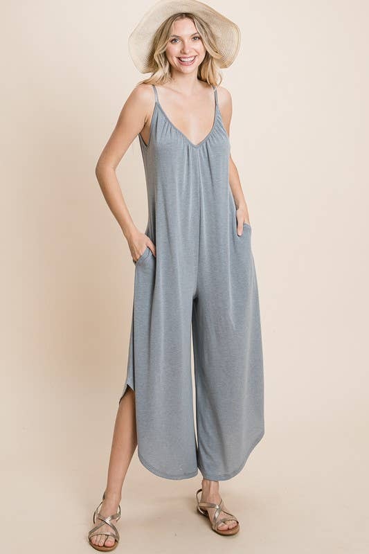 Emerald Teal French Terry Wide Leg Jumpsuit