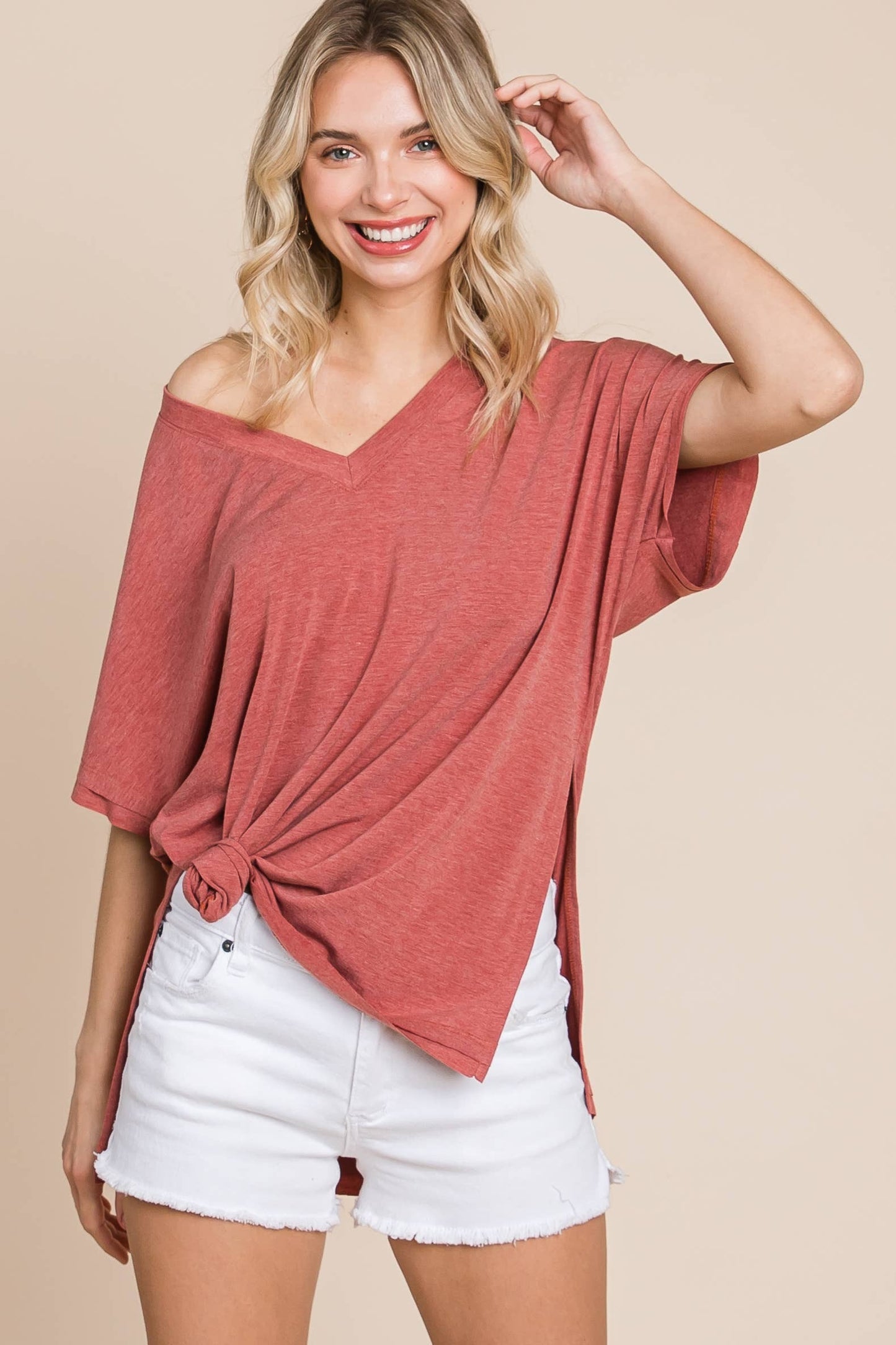 Emerald Marsala SS V NecSk Top