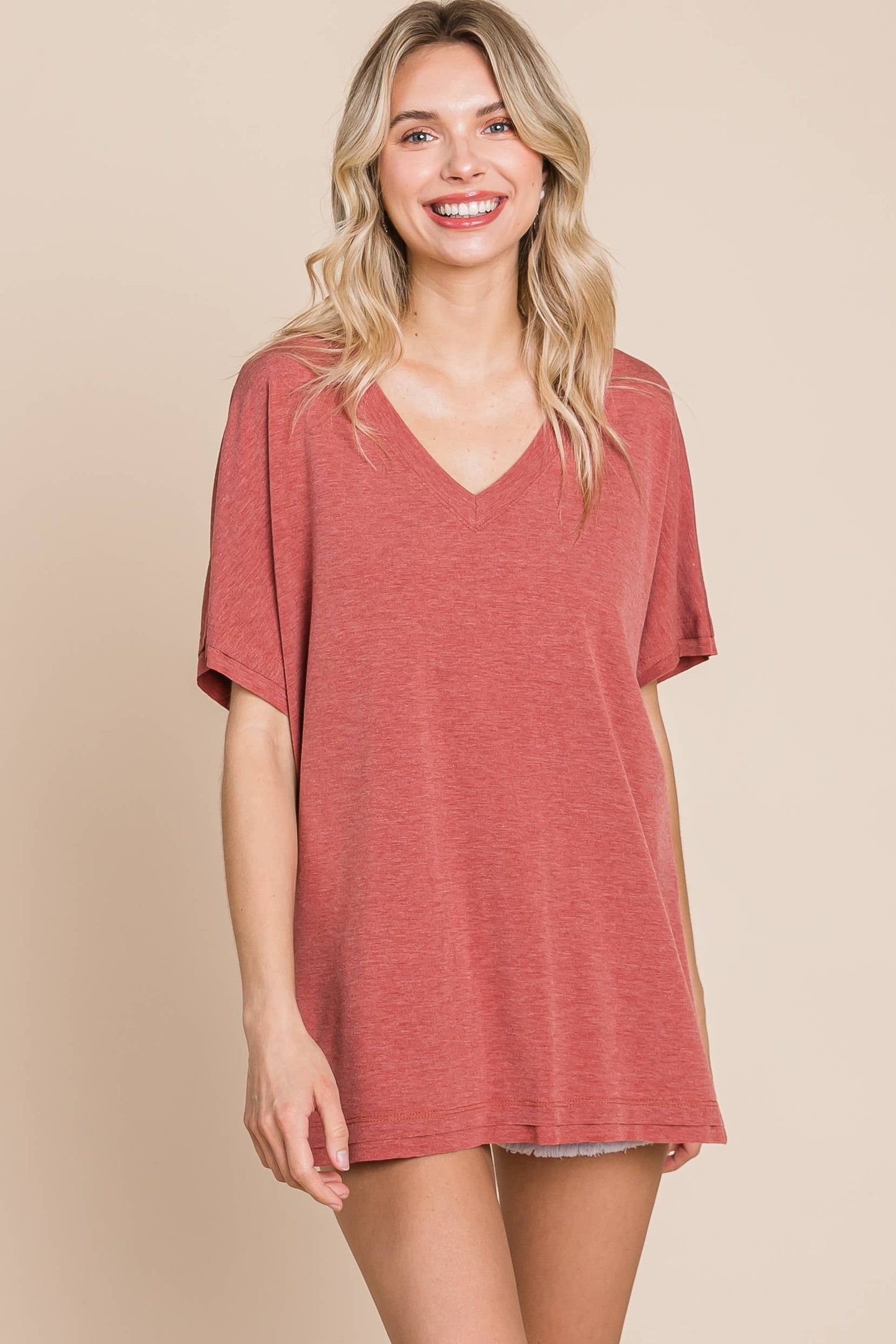 Emerald Marsala SS V Neck Top