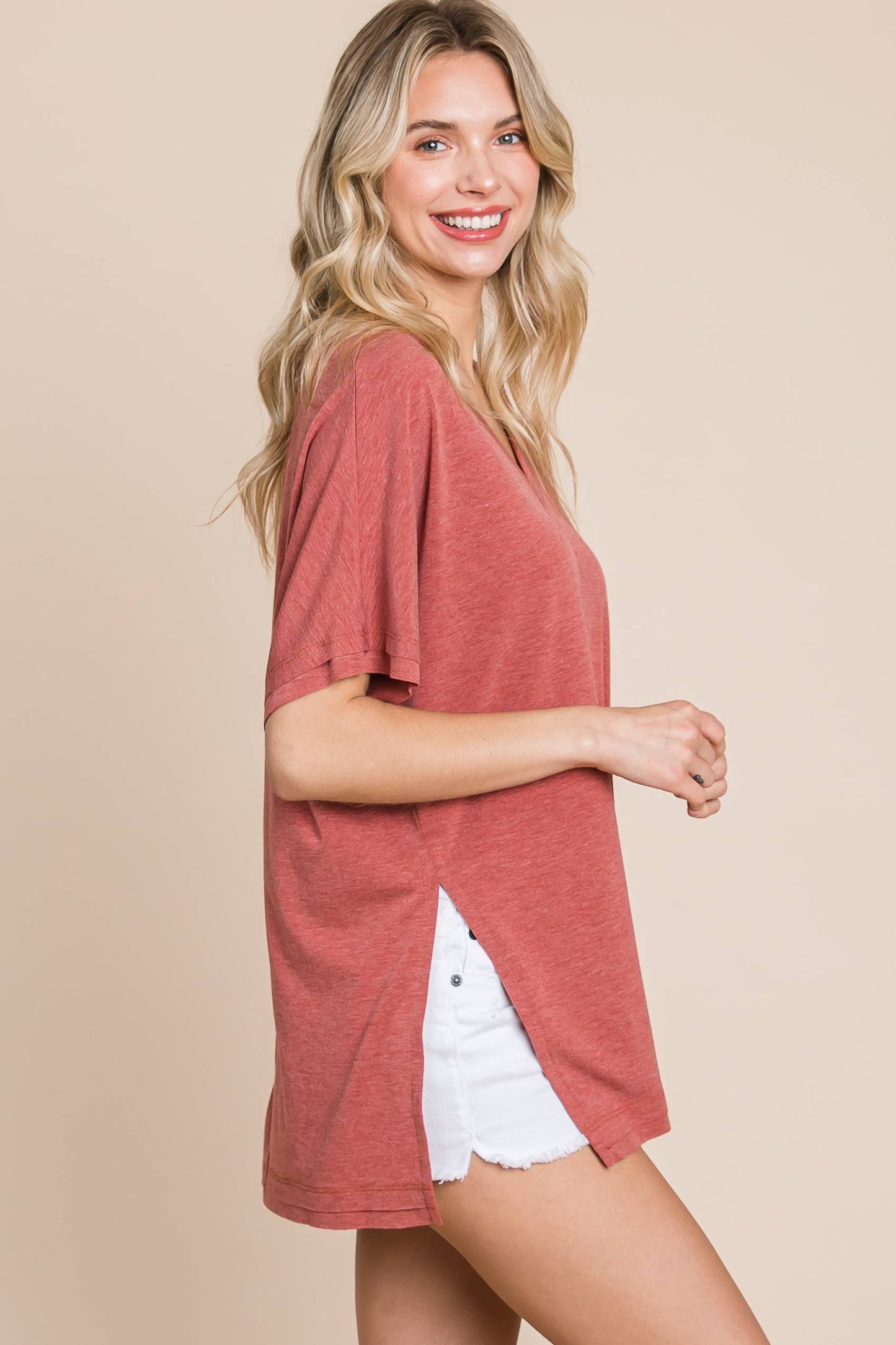 Emerald Marsala SS V Neck Top