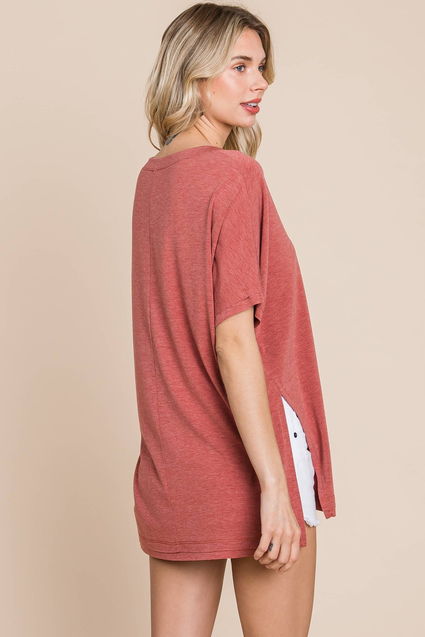 Emerald Marsala SS V Neck Top
