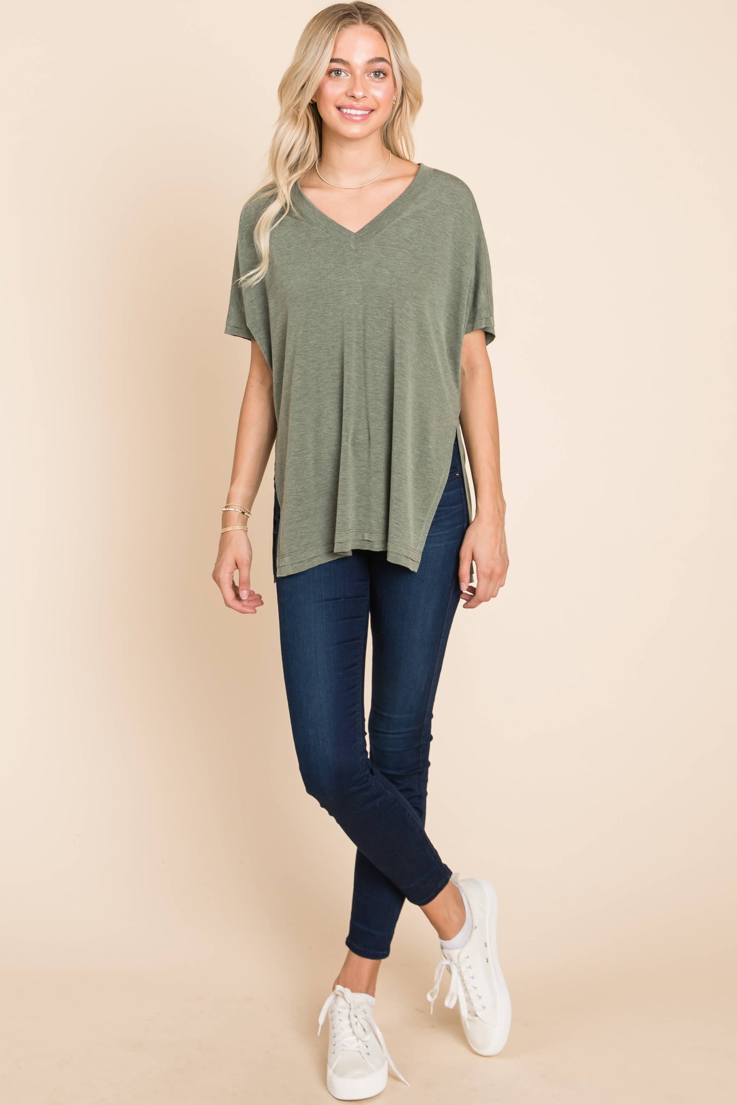 Emerald Marsala SS V Neck Top