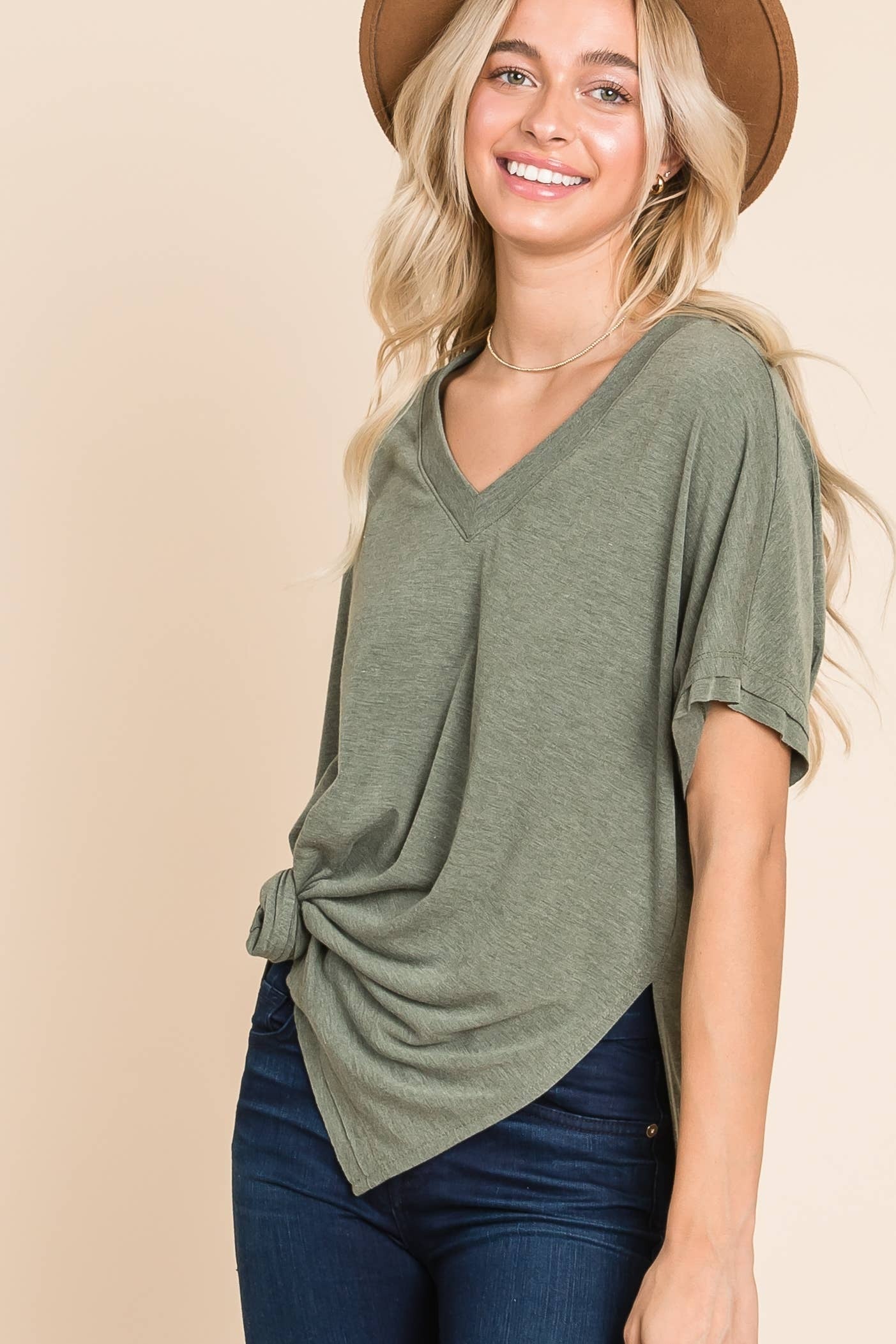 Emerald Marsala SS V Neck Top