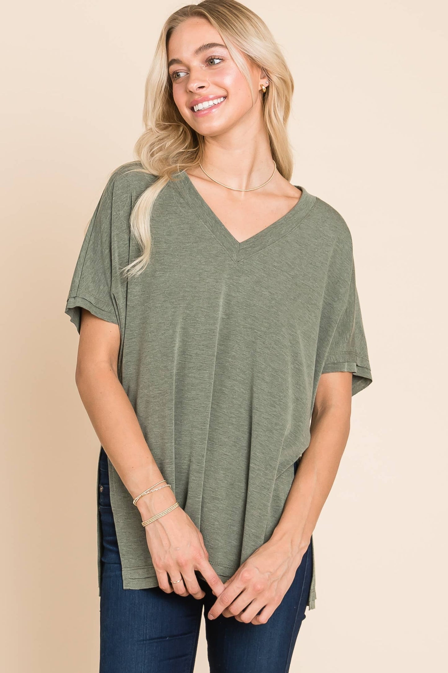 Emerald Marsala SS V Neck Top