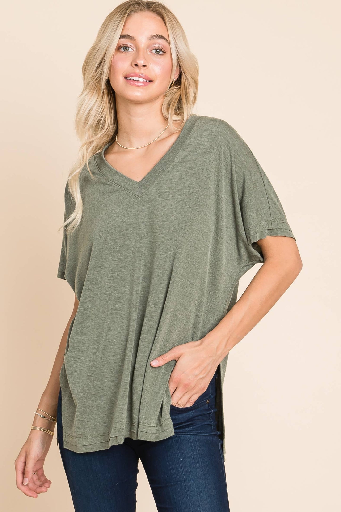 Emerald Marsala SS V Neck Top