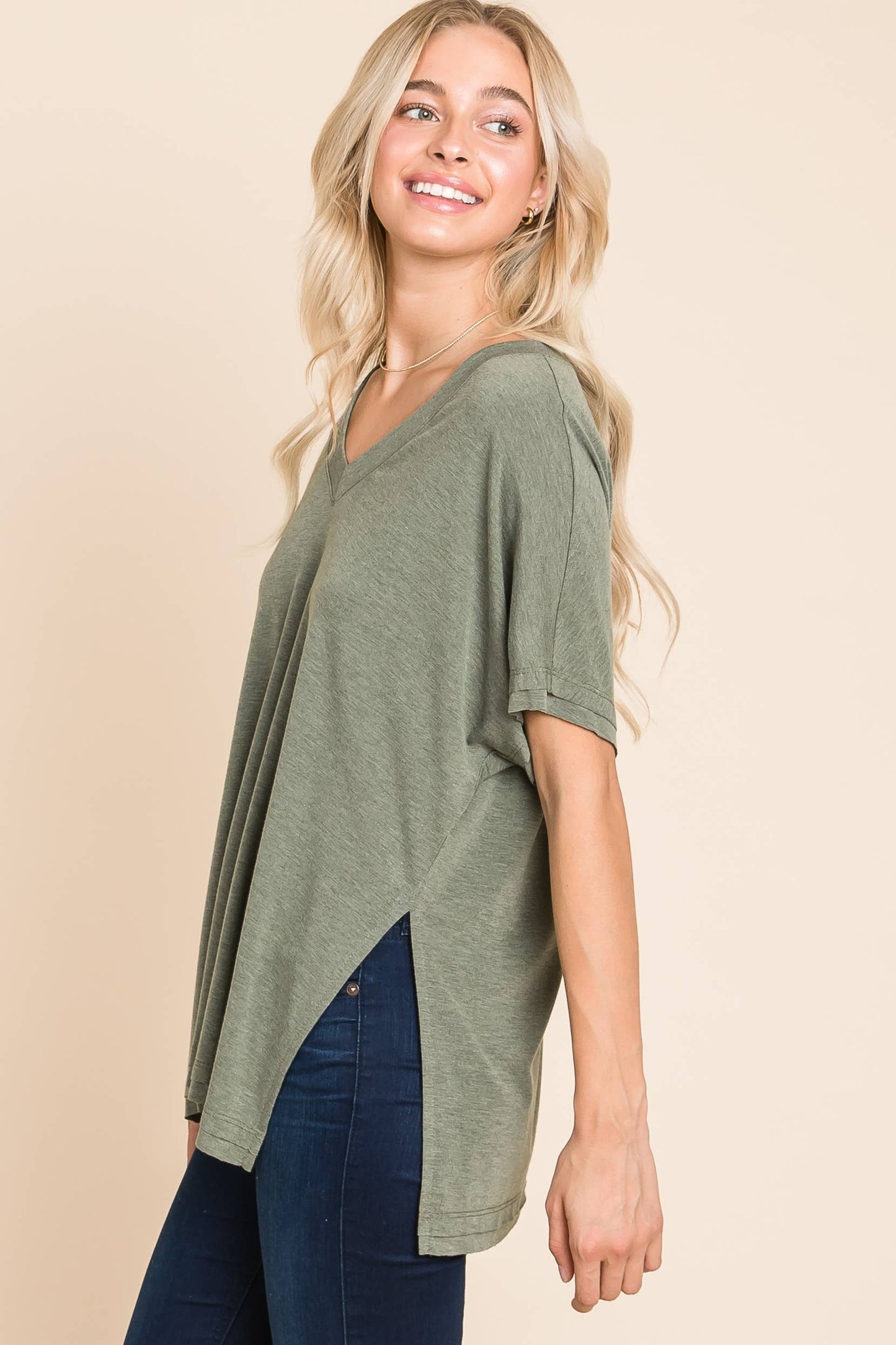 Emerald Marsala SS V Neck Top