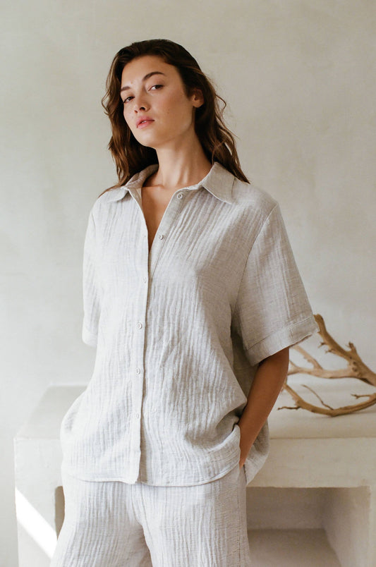 A Ren Linen Grey Button Down SS Top