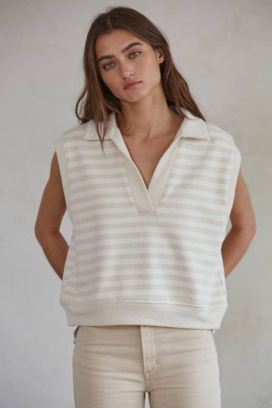 Sadie Taupe Stripe Collar Neck Vest Top