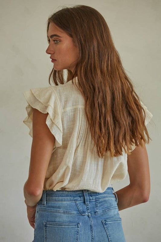 By Tog Cream Linen Button V-Neck Short Sleeve Top