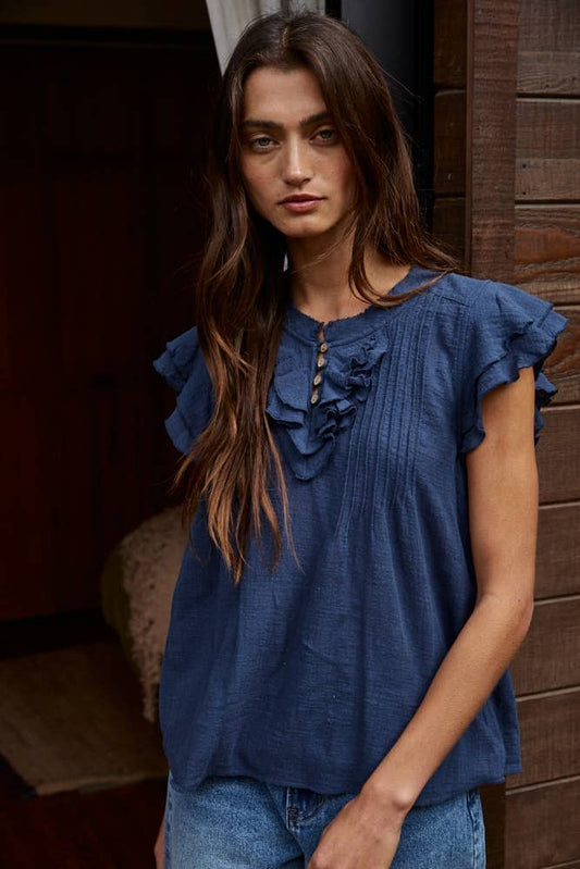 By Tog Navy Linen Button V-Neck Short Sleeve Top