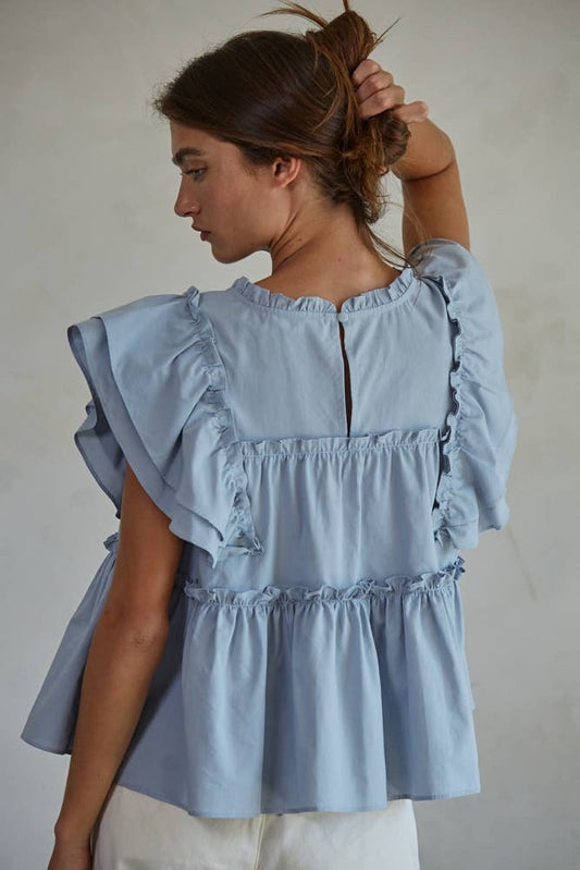 By Tog Lt Blue SS Tiered Top w Flutter Sleeve