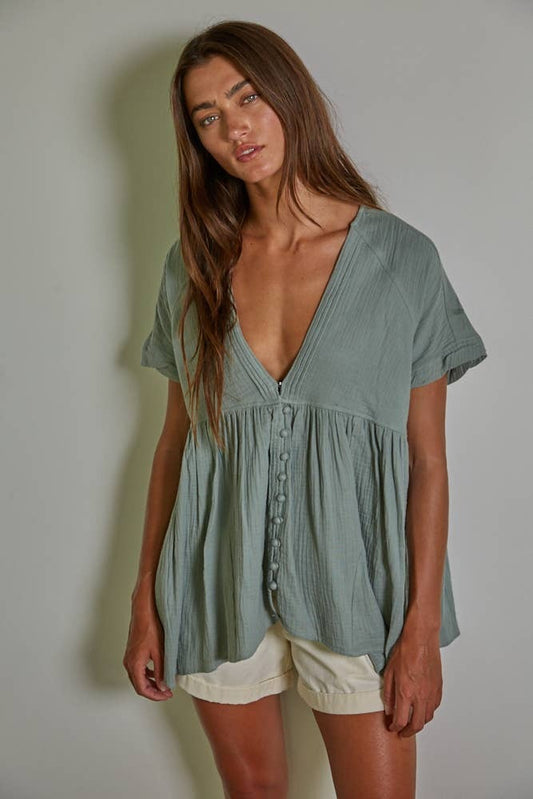 By Tog Sage Gauze Plunged V-Neck SS Button Top