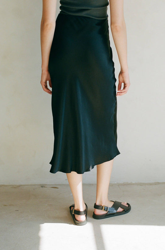 A Ren Black Satin Midi Skirt