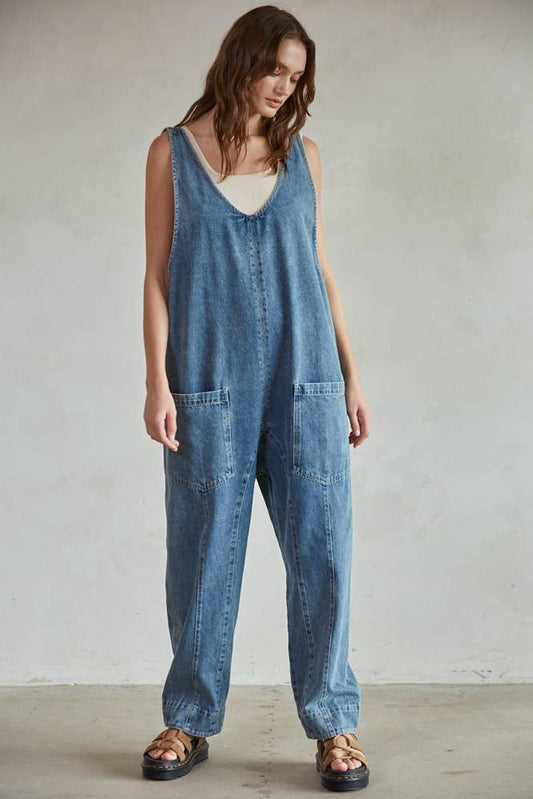 By Tog Denim Scoop Neck Sleeveless Wide Leg Overall