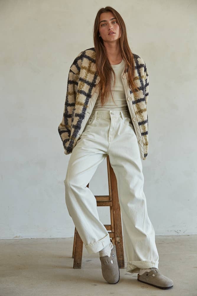 By Tog Cream Navy Plaid Fleece Jacket