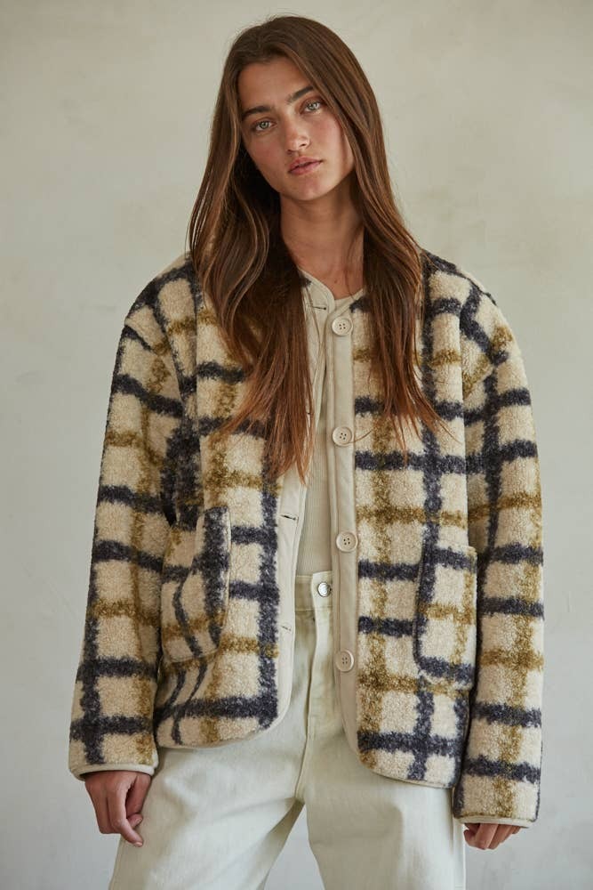 By Tog Cream Navy Plaid Fleece Jacket