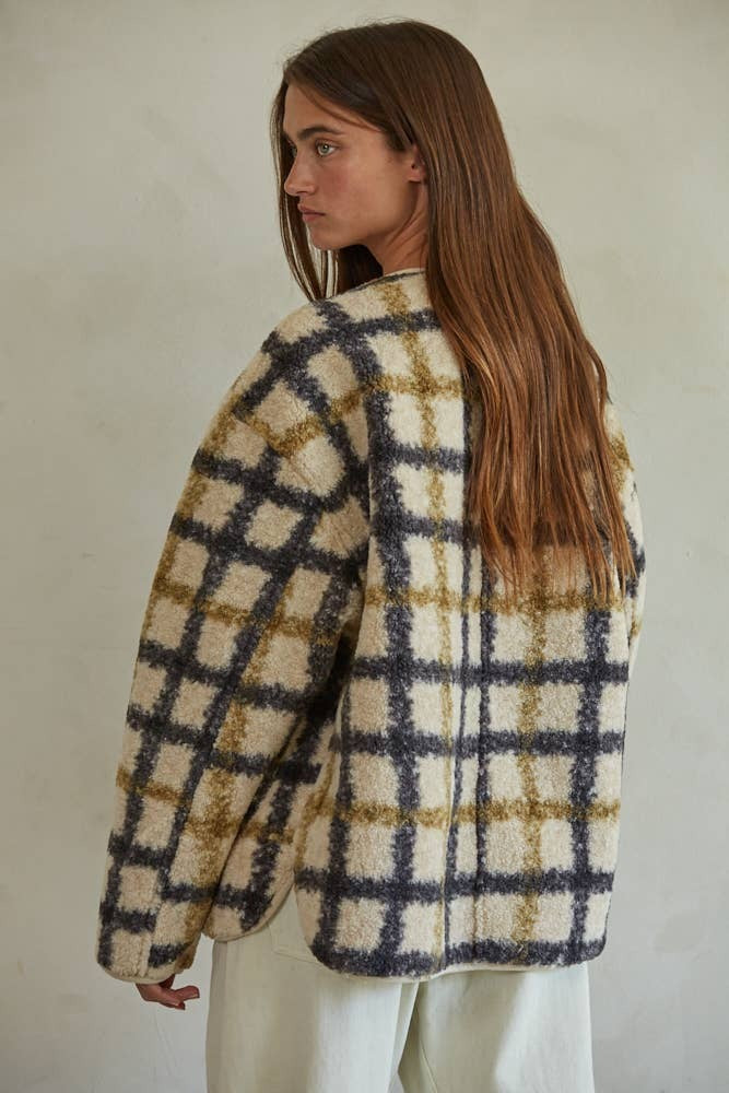 By Tog Cream Navy Plaid Fleece Jacket