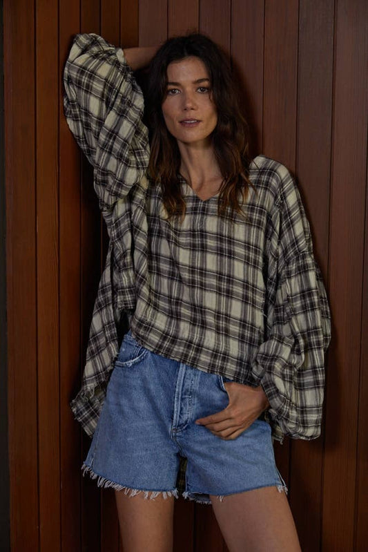 By Tog Black/Taupe Plaid Gauze V-Neck LS Loose Fit Top