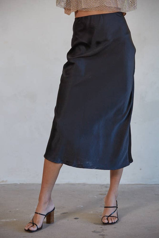 By Tog Black Satin Waist Elastic Band Midi Skirt