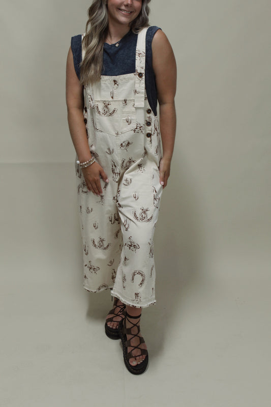 Western Print Overalls - Cream
